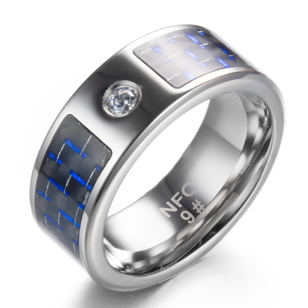 Titanium NFC smart ring with carbon fiber finish, diamond accents, and blue or white design options