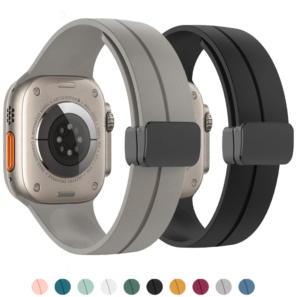 Silicone magnetic Apple Watch band in multiple colors, compatible with 38mm to 45mm watch sizes