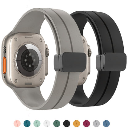 Silicone magnetic Apple Watch band in multiple colors, compatible with 38mm to 45mm watch sizes